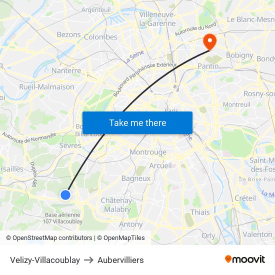 Velizy-Villacoublay to Aubervilliers map