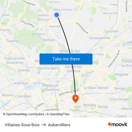 Villaines-Sous-Bois to Aubervilliers map