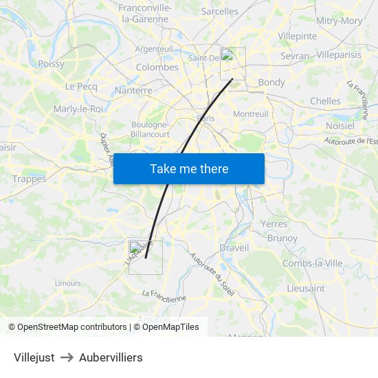 Villejust to Aubervilliers map