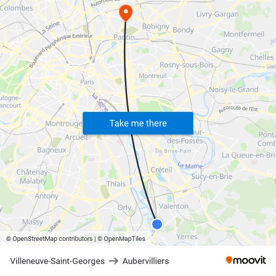 Villeneuve-Saint-Georges to Aubervilliers map
