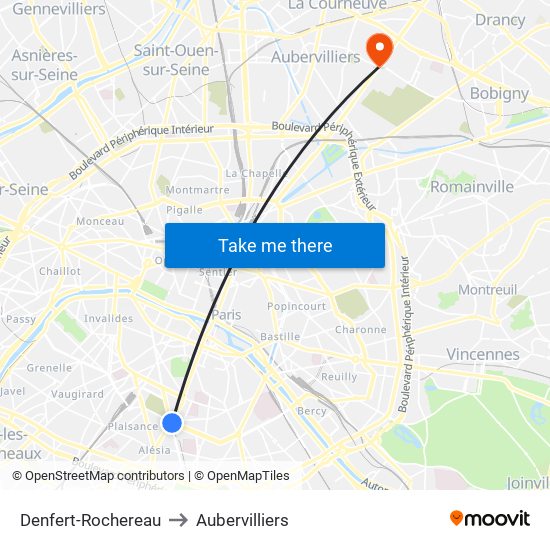 Denfert-Rochereau to Aubervilliers map