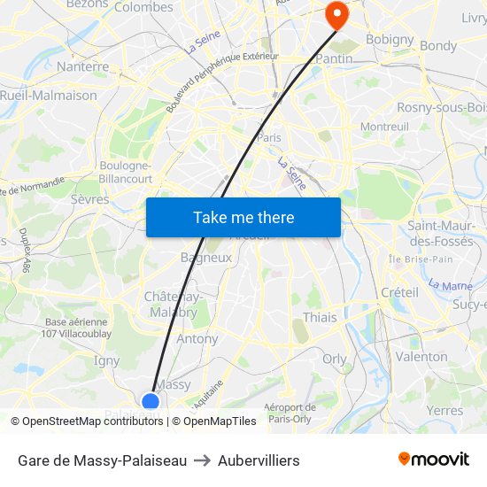 Gare de Massy-Palaiseau to Aubervilliers map