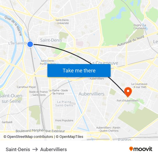 Saint-Denis to Aubervilliers map
