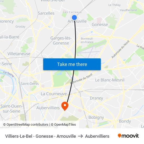 Villiers-Le-Bel - Gonesse - Arnouville to Aubervilliers map