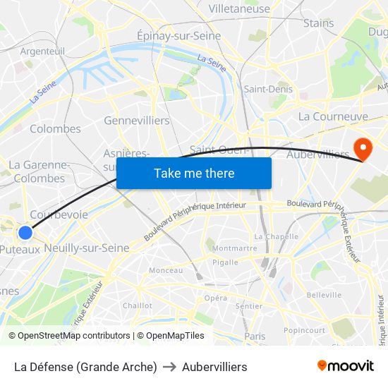 La Défense (Grande Arche) to Aubervilliers map