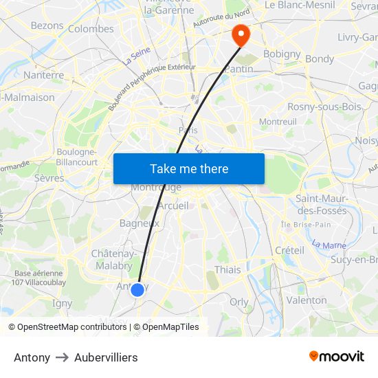 Antony to Aubervilliers map