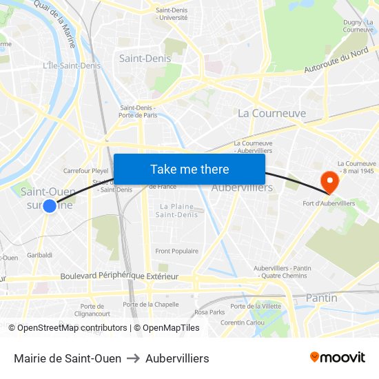 Mairie de Saint-Ouen to Aubervilliers map