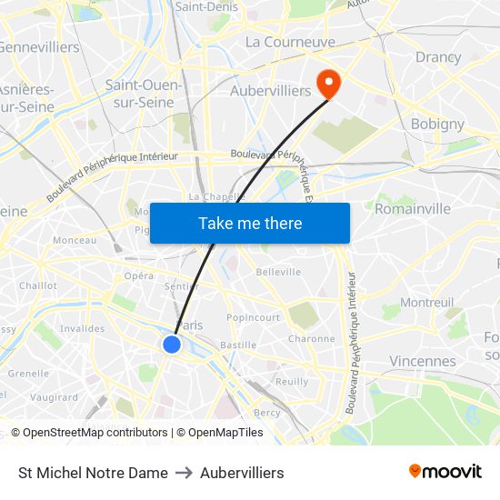 St Michel Notre Dame to Aubervilliers map