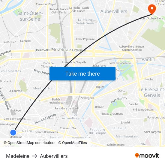 Madeleine to Aubervilliers map