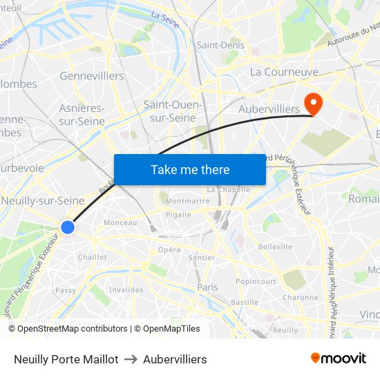 Neuilly Porte Maillot to Aubervilliers map