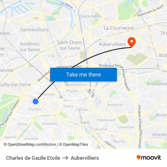 Charles de Gaulle Etoile to Aubervilliers map