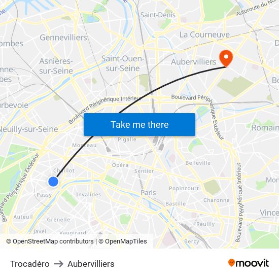 Trocadéro to Aubervilliers map