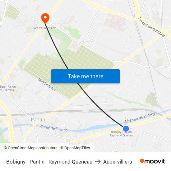 Bobigny - Pantin - Raymond Queneau to Aubervilliers map