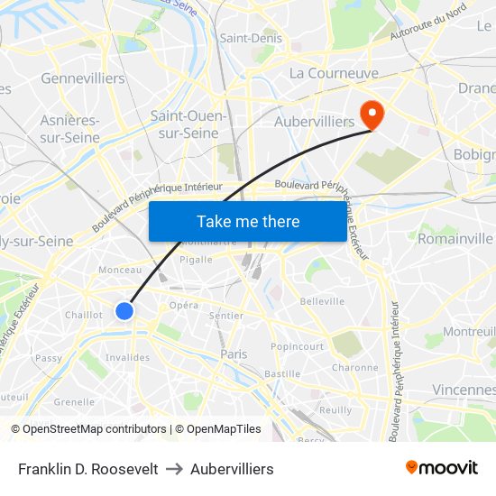 Franklin D. Roosevelt to Aubervilliers map