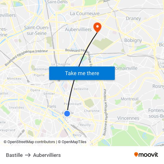 Bastille to Aubervilliers map