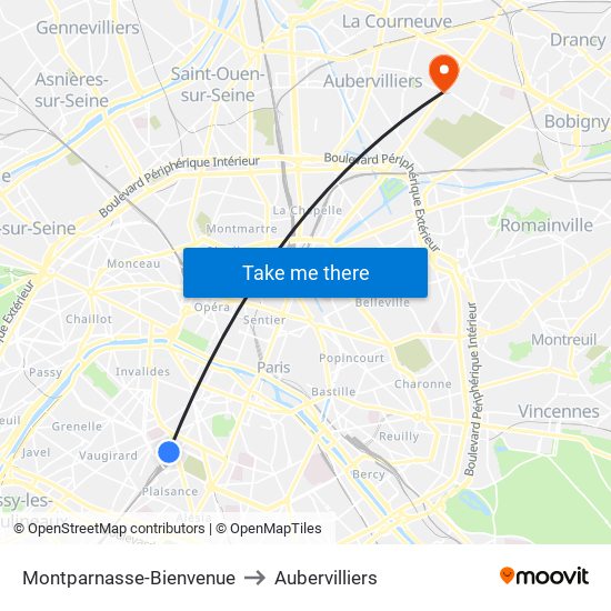 Montparnasse-Bienvenue to Aubervilliers map