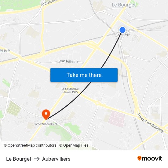 Le Bourget to Aubervilliers map