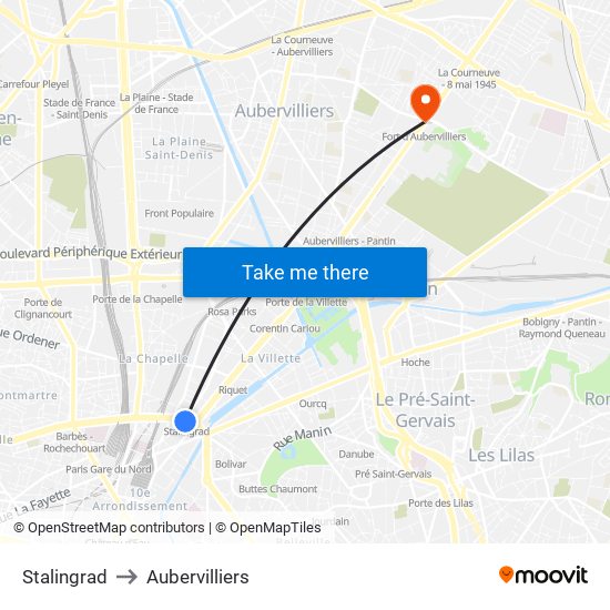 Stalingrad to Aubervilliers map