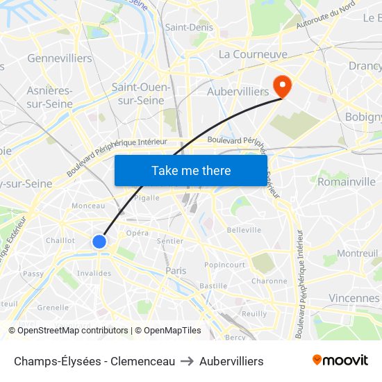 Champs-Élysées - Clemenceau to Aubervilliers map