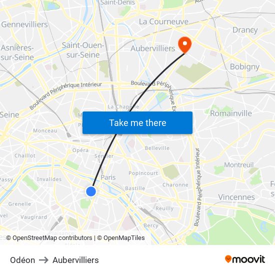 Odéon to Aubervilliers map