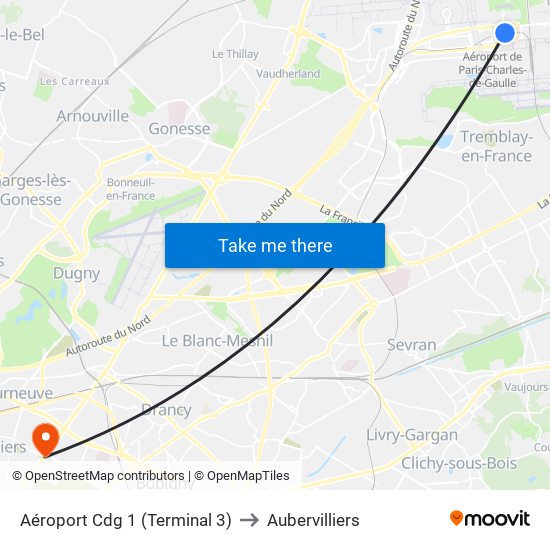 Aéroport Cdg 1 (Terminal 3) to Aubervilliers map