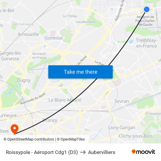 Roissypole - Aéroport Cdg1 (D3) to Aubervilliers map