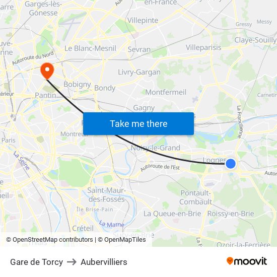 Gare de Torcy to Aubervilliers map