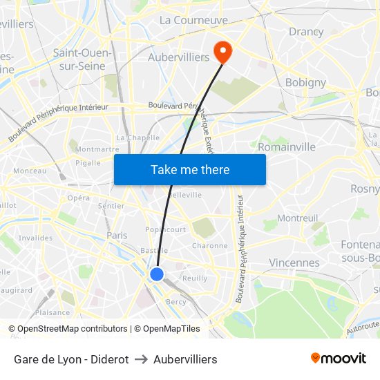 Gare de Lyon - Diderot to Aubervilliers map