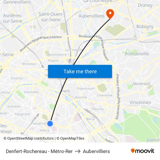 Denfert-Rochereau - Métro-Rer to Aubervilliers map