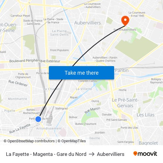 La Fayette - Magenta - Gare du Nord to Aubervilliers map