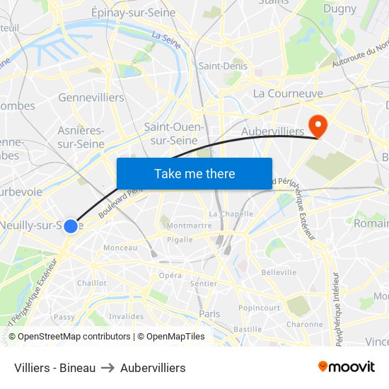 Villiers - Bineau to Aubervilliers map