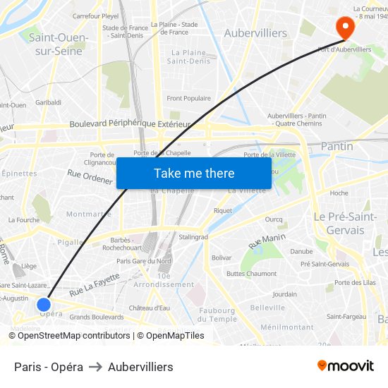 Paris - Opéra to Aubervilliers map