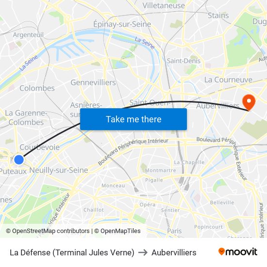 La Défense (Terminal Jules Verne) to Aubervilliers map