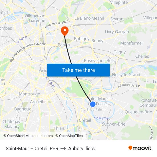 Saint-Maur – Créteil RER to Aubervilliers map