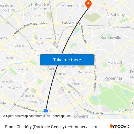 Stade Charléty (Porte de Gentilly) to Aubervilliers map