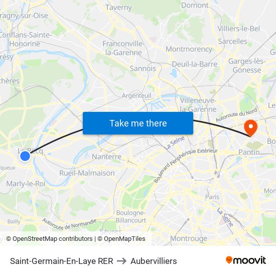 Saint-Germain-En-Laye RER to Aubervilliers map