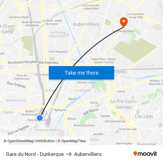 Gare du Nord - Dunkerque to Aubervilliers map