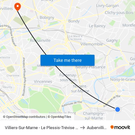 Villiers-Sur-Marne - Le Plessis-Trévise RER to Aubervilliers map