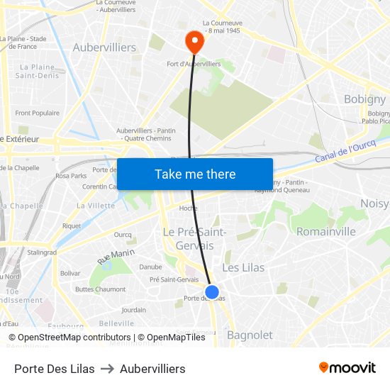 Porte Des Lilas to Aubervilliers map