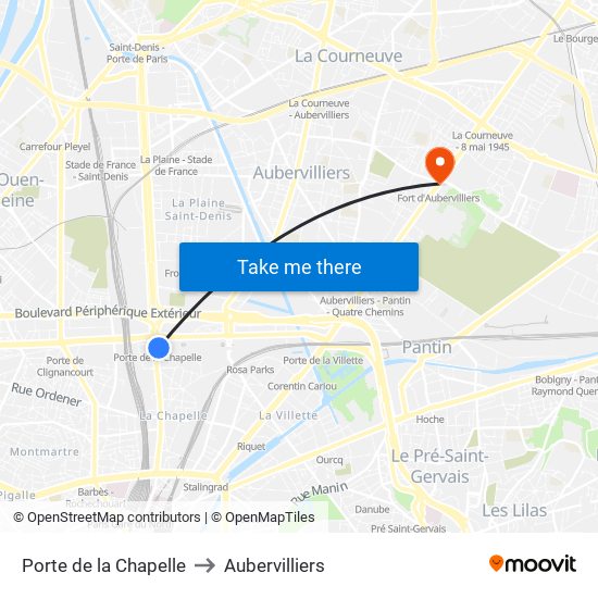 Porte de la Chapelle to Aubervilliers map