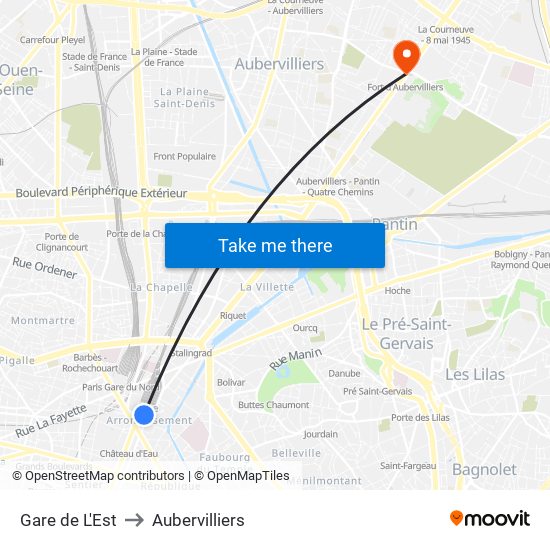 Gare de L'Est to Aubervilliers map