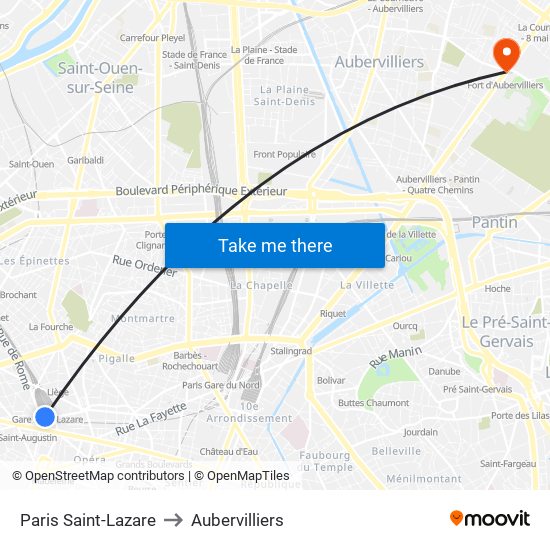 Paris Saint-Lazare to Aubervilliers map
