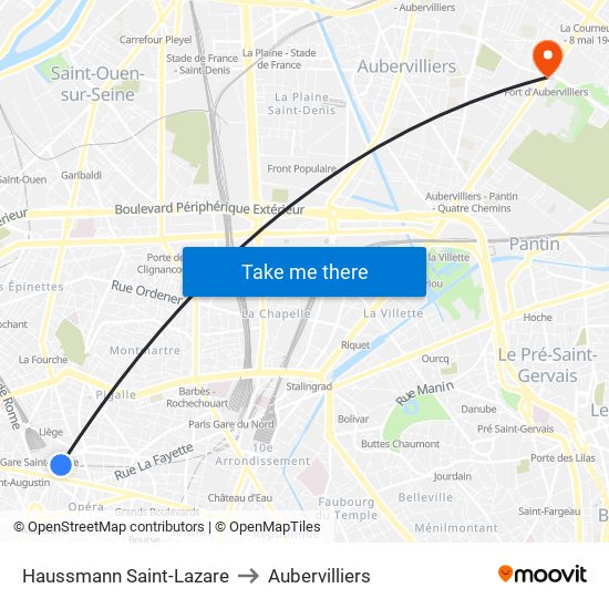 Haussmann Saint-Lazare to Aubervilliers map