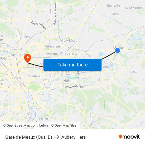Gare de Meaux (Quai D) to Aubervilliers map