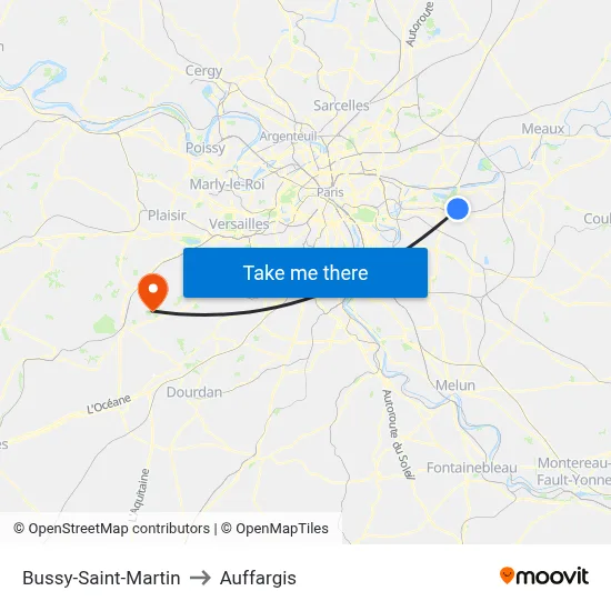 Bussy-Saint-Martin to Auffargis map