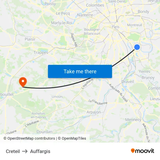 Creteil to Auffargis map