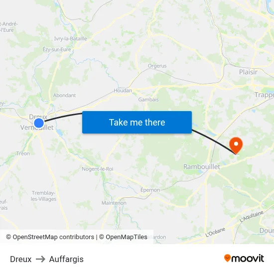 Dreux to Auffargis map