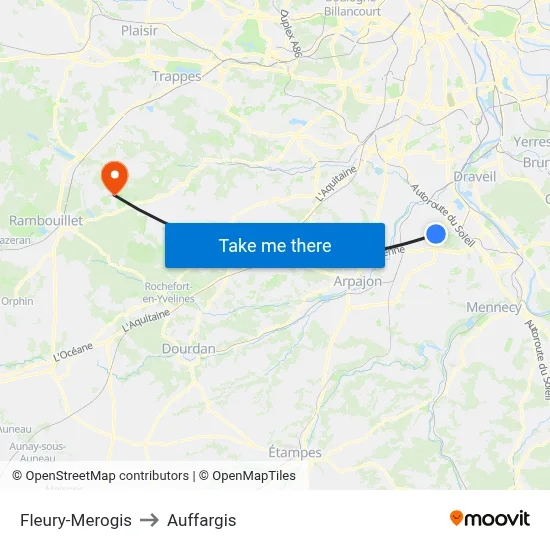 Fleury-Merogis to Auffargis map