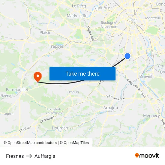 Fresnes to Auffargis map