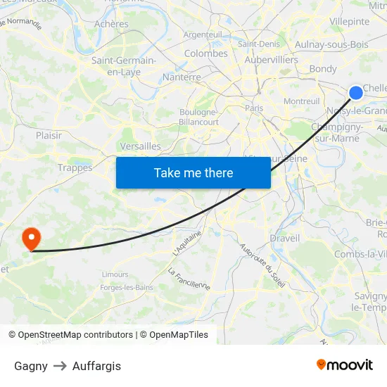 Gagny to Auffargis map